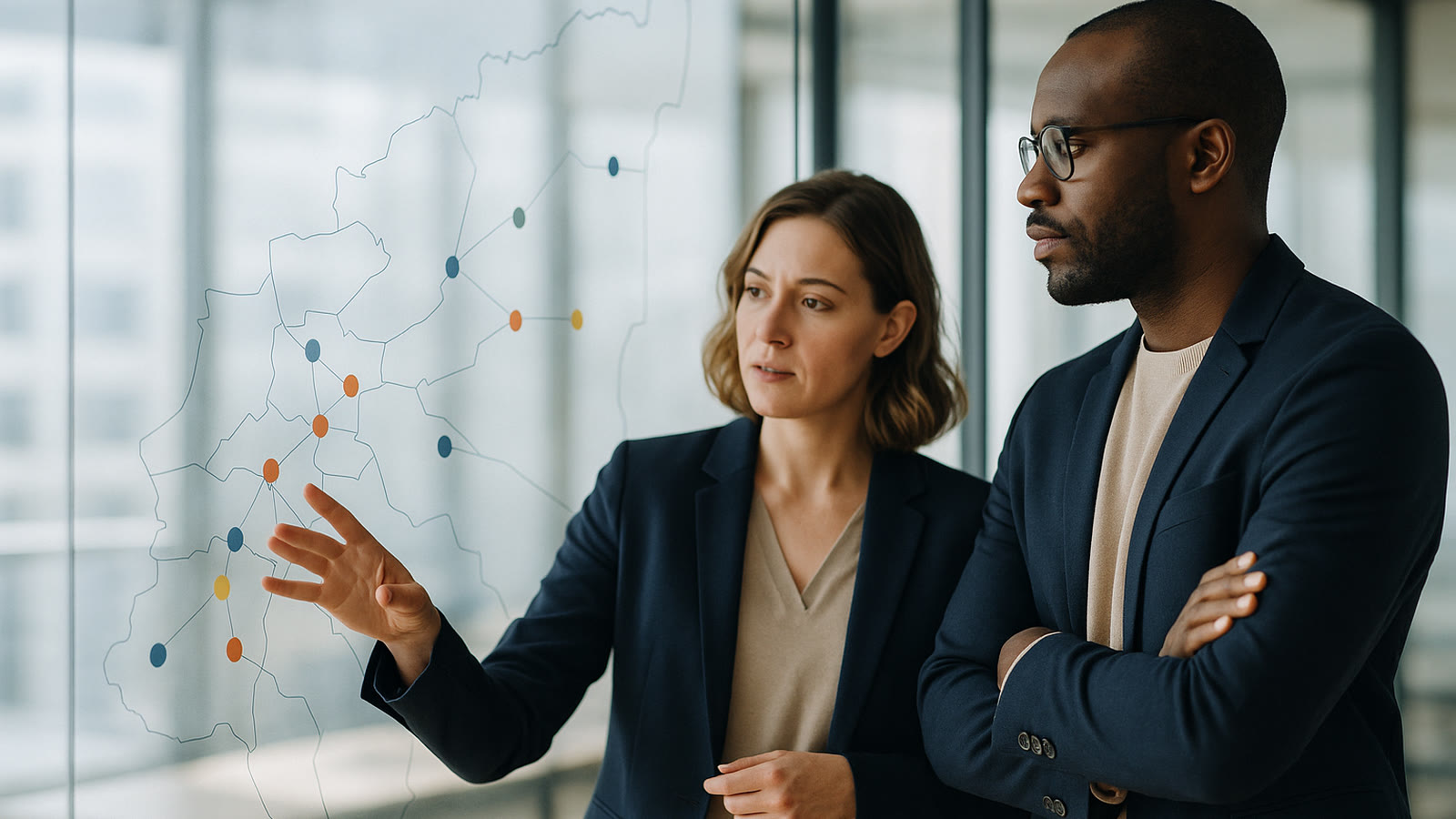 Two HR professionals reviewing employee work locations against commuter benefit mandate thresholds