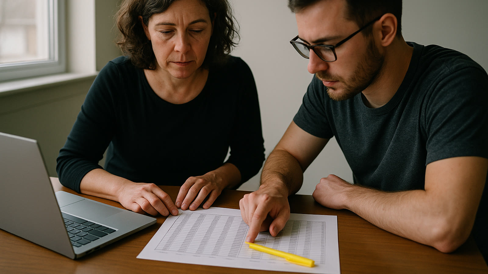 A small business owner and an employee reviewing a printed payroll register together at a table