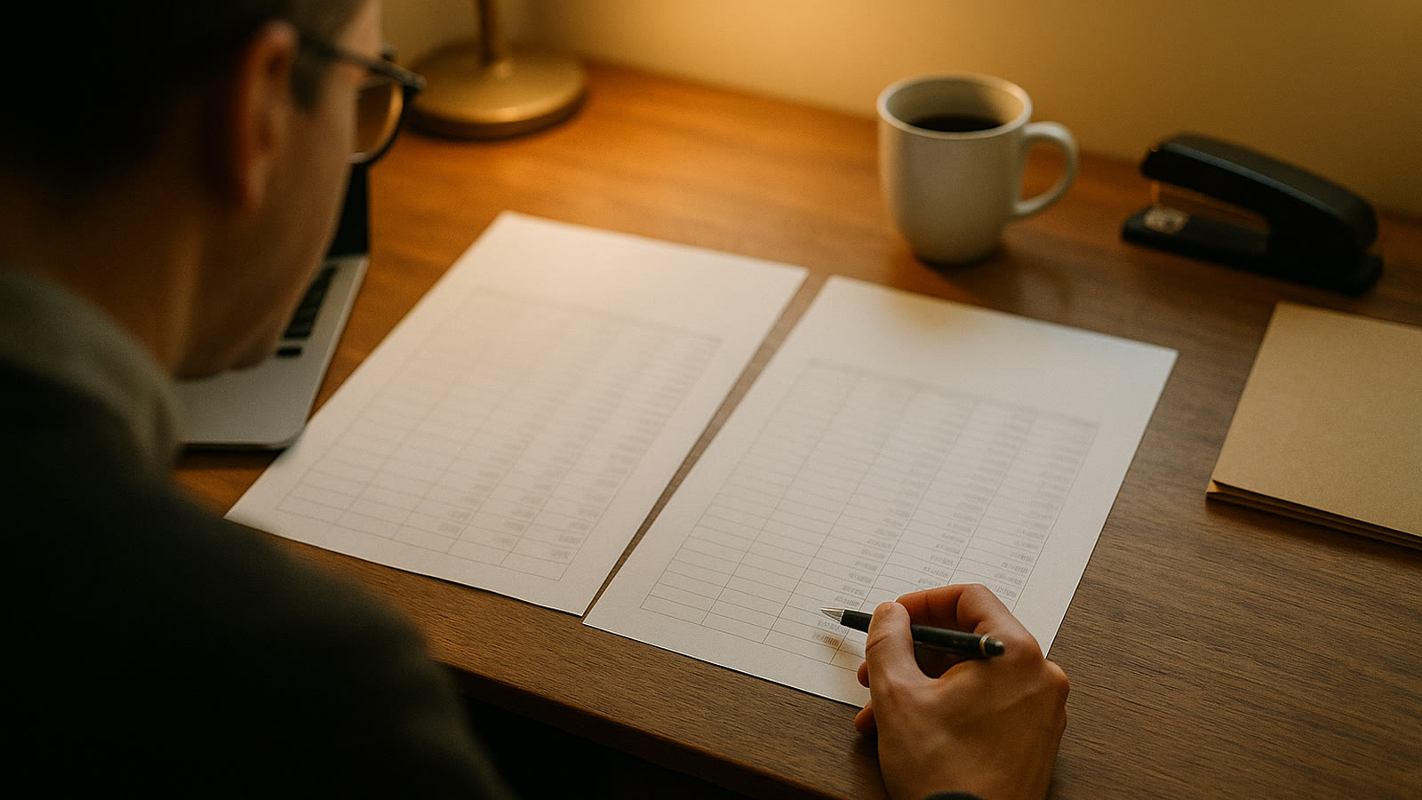 Two printed silver plan rate sheets compared side by side on a bookkeeper's desk