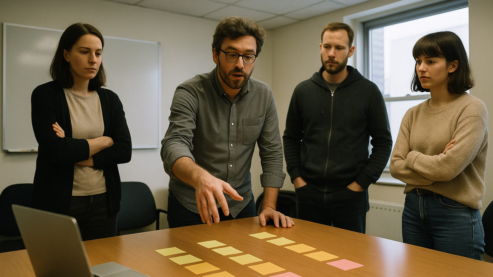 A small employer team sorting employees into two groups on a meeting room table