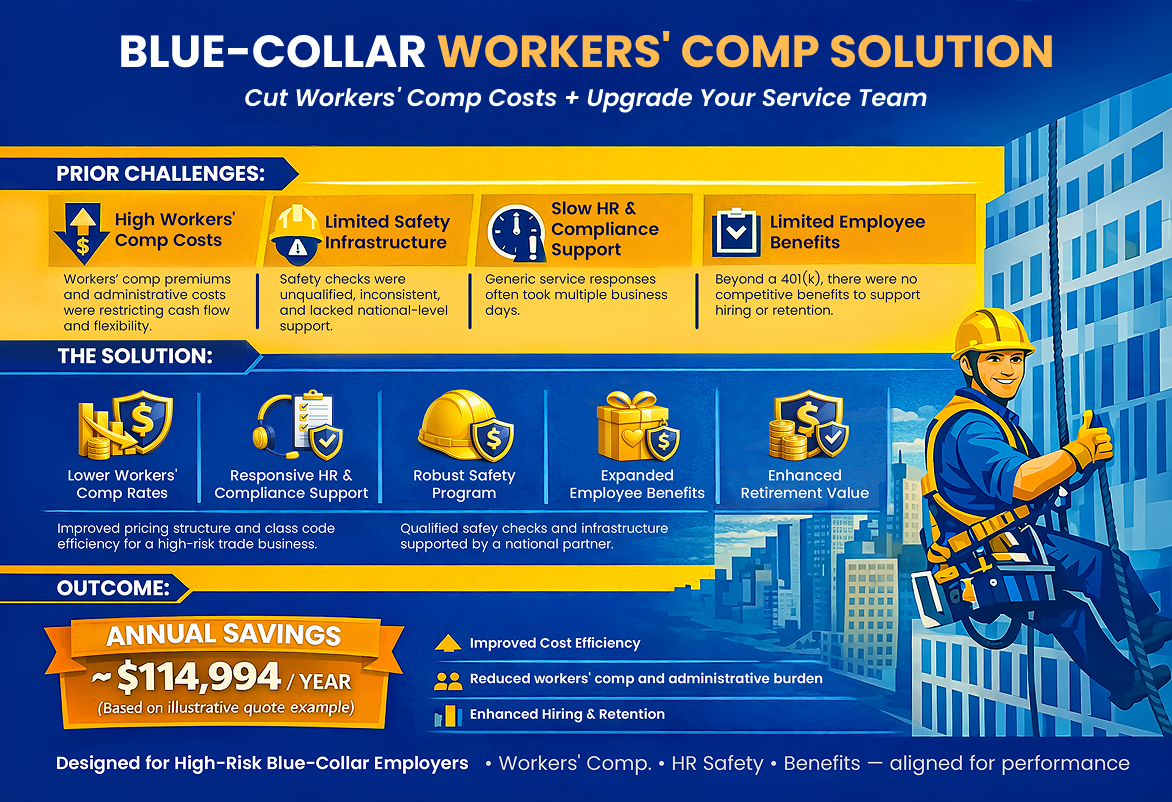 Blue-Collar Workers' Comp Solution — challenges, solution stack, $114,994 annual savings outcome