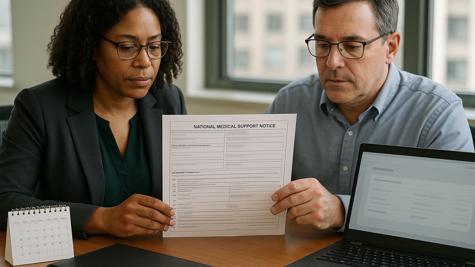 Benefits and payroll staff reviewing a redacted medical child support notice and enrollment calendar