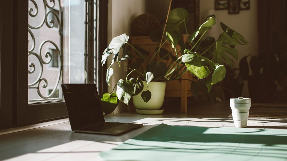 An employee practicing wellness and mindfulness in a bright office