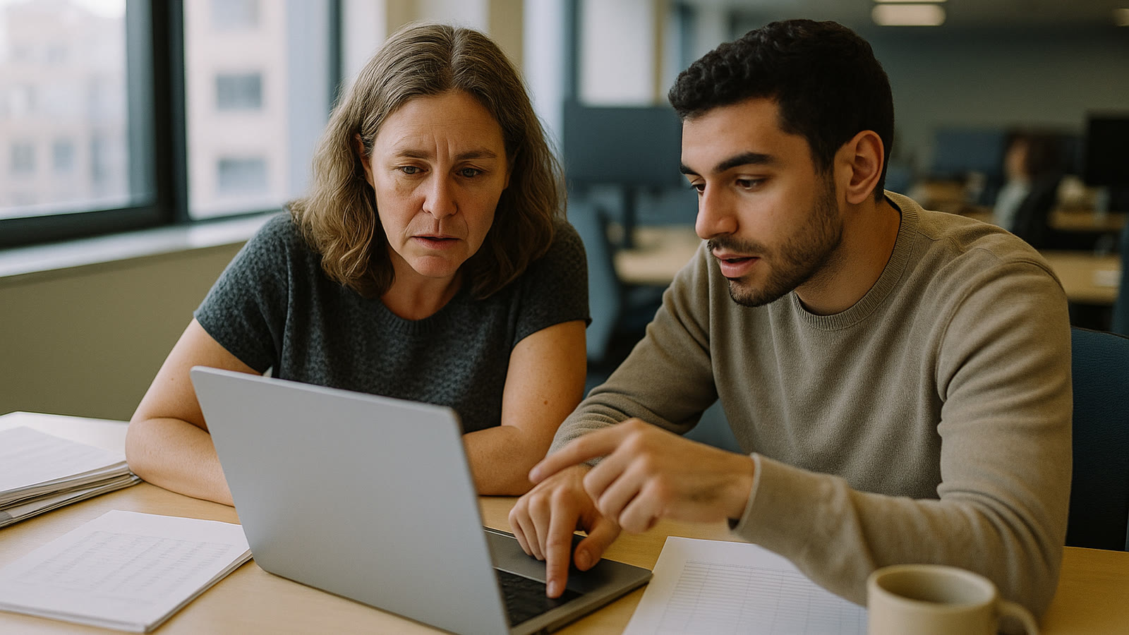 An HR manager and a colleague reviewing an employee benefits census on a laptop during open enrollment planning