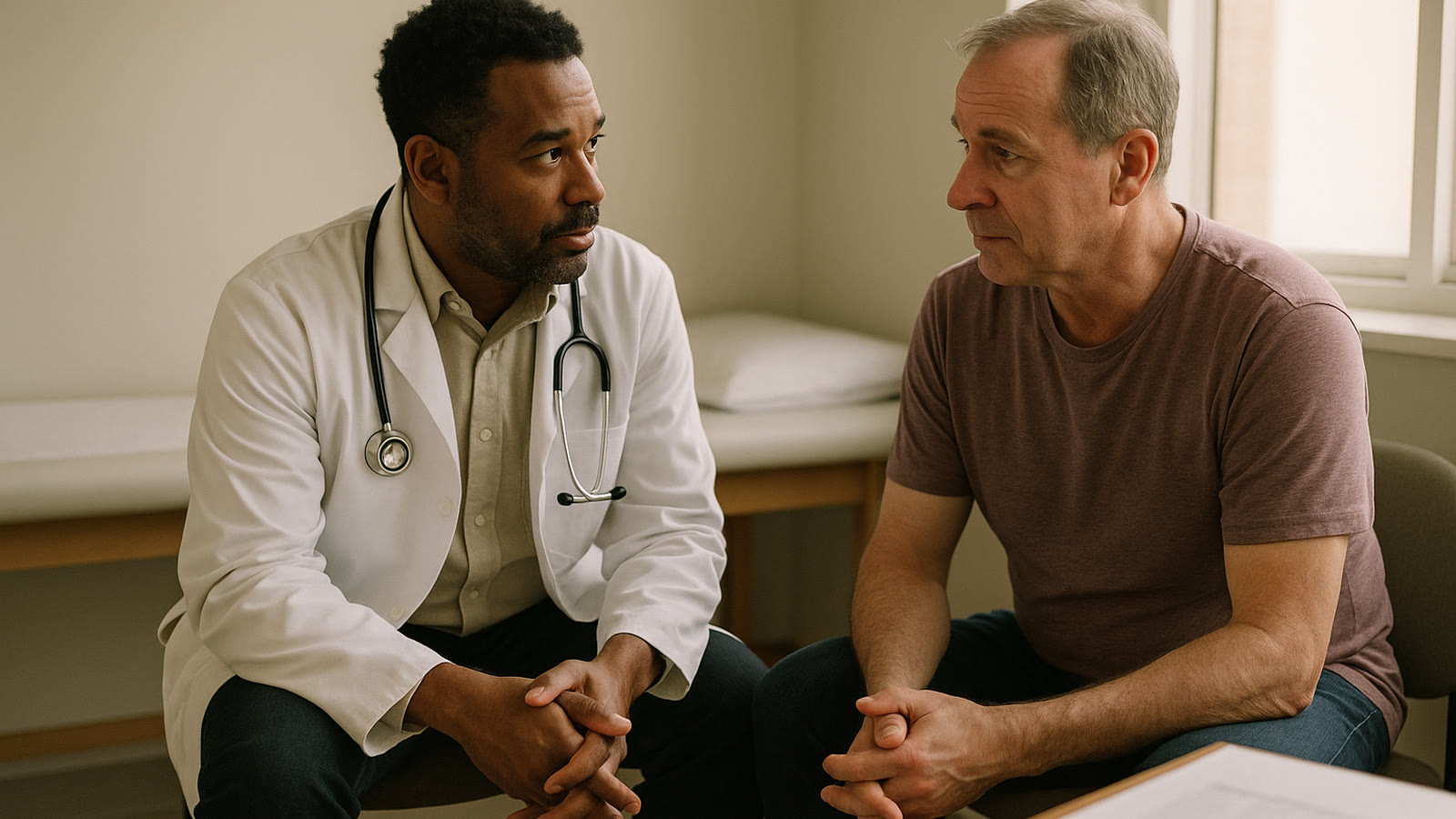 A family physician sitting with a patient in a direct primary care clinic consultation room