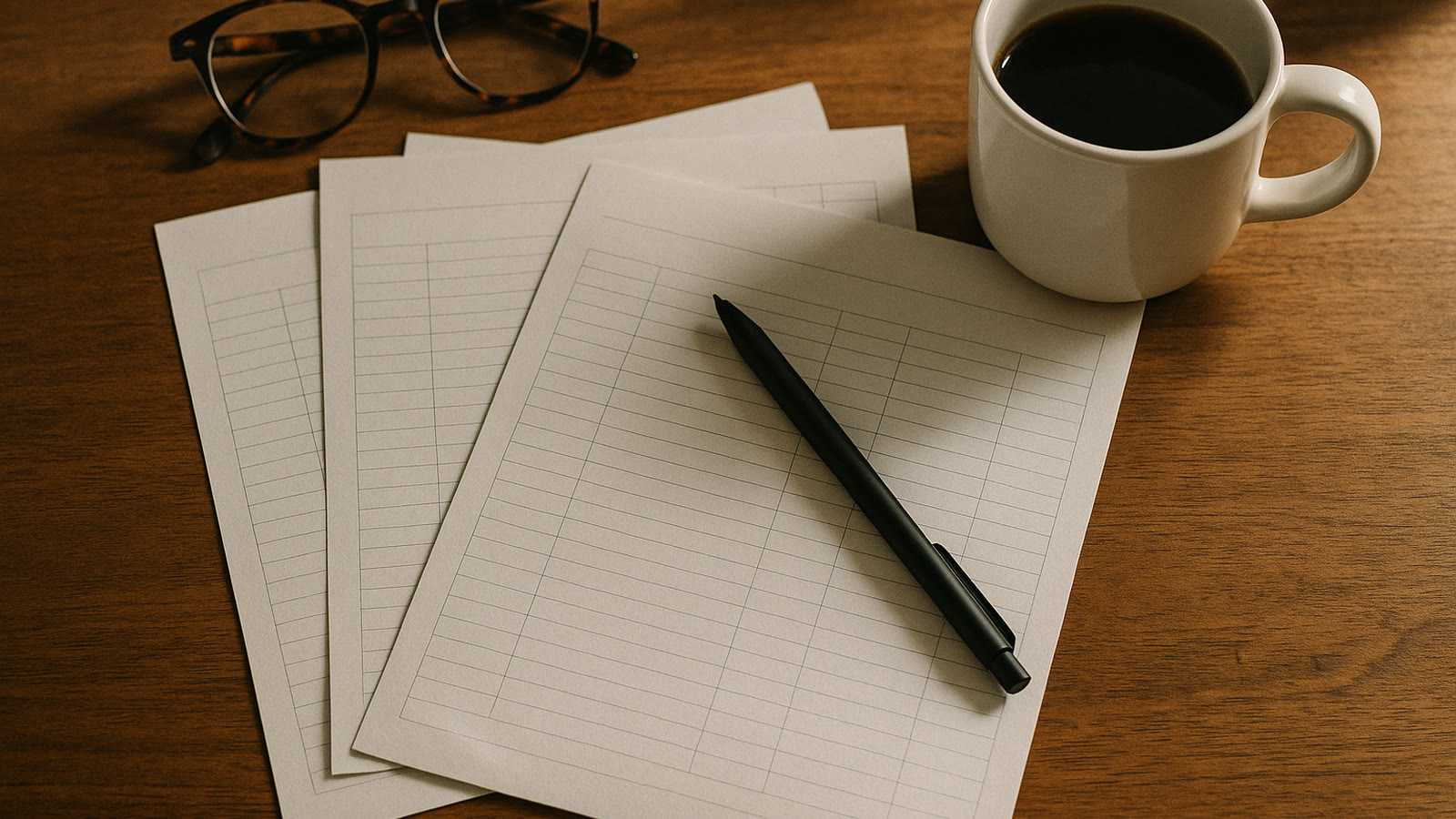 Blank ruled enrollment forms, a pen and reading glasses on a benefits administrator's desk